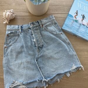 Free People High-Waist Distressed Denim Mini Skirt - Light Blue